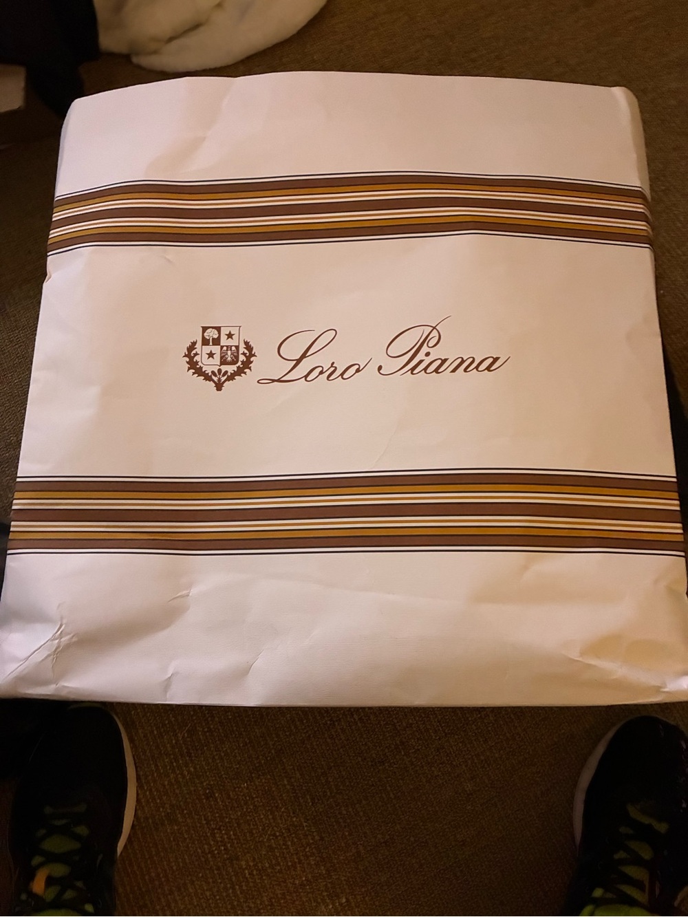 Loro Piana White Gift bag with Brown and Gold Stripes